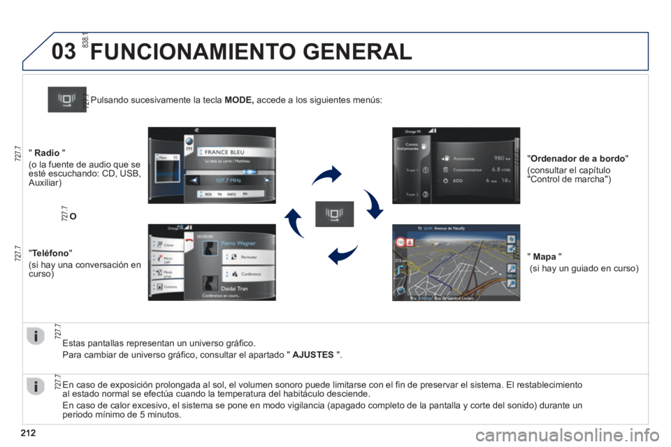 PEUGEOT 2008 2013  Manual del propietario (in Spanish) 03
   
Estas pantallas representan un universo gráfico. 
  Para cambiar de universo 
gráfico, consultar el apartado "  AJUSTES".
Pulsando sucesivamente la tecla  MODE, 
 accede a los siguientes men