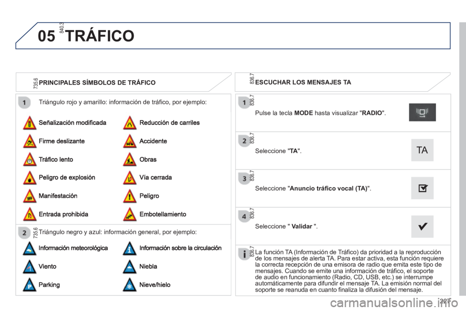 PEUGEOT 2008 2013 Manual del propietario (in Spanish) 05
227
Triángulo rojo y amarillo: información de tráfico, por ejemplo:
PRINCIPALES SÍMBOLOS DE TRÁFICO
Trián
gulo negro y azul: información general, por ejemplo:
ESCUCHAR LOS MENSAJES TA
PEUGEOT 2008 2013 Manual del propietario (in Spanish) 05
227
Triángulo rojo y amarillo: información de tráfico, por ejemplo:
PRINCIPALES SÍMBOLOS DE TRÁFICO
Trián
gulo negro y azul: información general, por ejemplo:
ESCUCHAR LOS MENSAJES TA