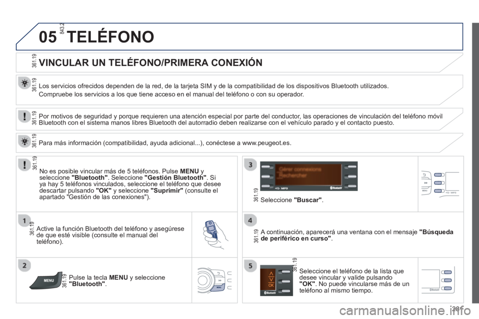 PEUGEOT 2008 2013  Manual del propietario (in Spanish) 05
281
TELÉFONO
   
 
 
 
 
 
 
 
 
VINCULAR UN TELÉFONO/PRIMERA CONEXIÓN 
 
 
Los servicios ofrecidos dependen de la red, de la tarjeta SIM y de la compatibilidad de los dispositivos Bluetooth uti