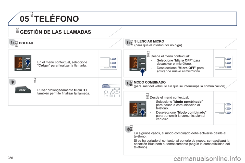 PEUGEOT 2008 2013  Manual del propietario (in Spanish)  
05
286
TELÉFONO
   
COLGAR 
   
D
esde el menú contextual: 
   
-  
Seleccione " Modo combinado"para pasar la comunicación al 
teléfono. 
   
-  D
eseleccione "Modo combinado"
para transmitir la