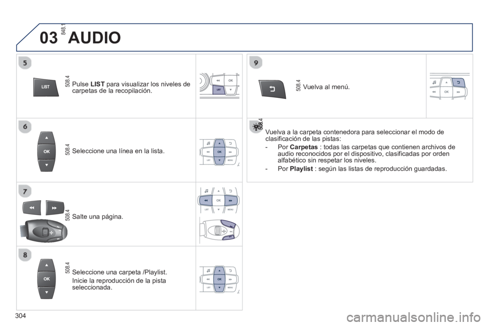PEUGEOT 2008 2013  Manual del propietario (in Spanish) 03
Seleccione una línea en la lista.  
Salte una pá
gina.    
V
uelva al menú.
Seleccione una carpeta /Playlist. 
Inicie la re
producción de la pista seleccionada.  
AUDIO 
Vuelva a la carpeta con
