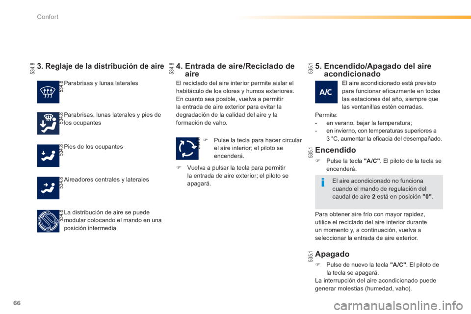 PEUGEOT 2008 2013  Manual del propietario (in Spanish) 66
Confort
3. Reglaje de la distribución de aire 
 Parabrisas y lunas laterales 
 
Parabrisas, lunas laterales y pies de los ocupantes 
 
Pies de los ocupantes 
  Aireadores centrales 
y laterales 
 