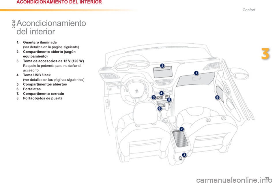 PEUGEOT 2008 2013  Manual del propietario (in Spanish) 71
3
Confort
   
 
 
 
 
 
 
 
 
 
 
 
 
 
Acondicionamiento 
del interior 
1.Guantera iluminada  (ver detalles en la página siguiente)2.Compartimento abierto (según 
equipamiento)3.Toma de accesori