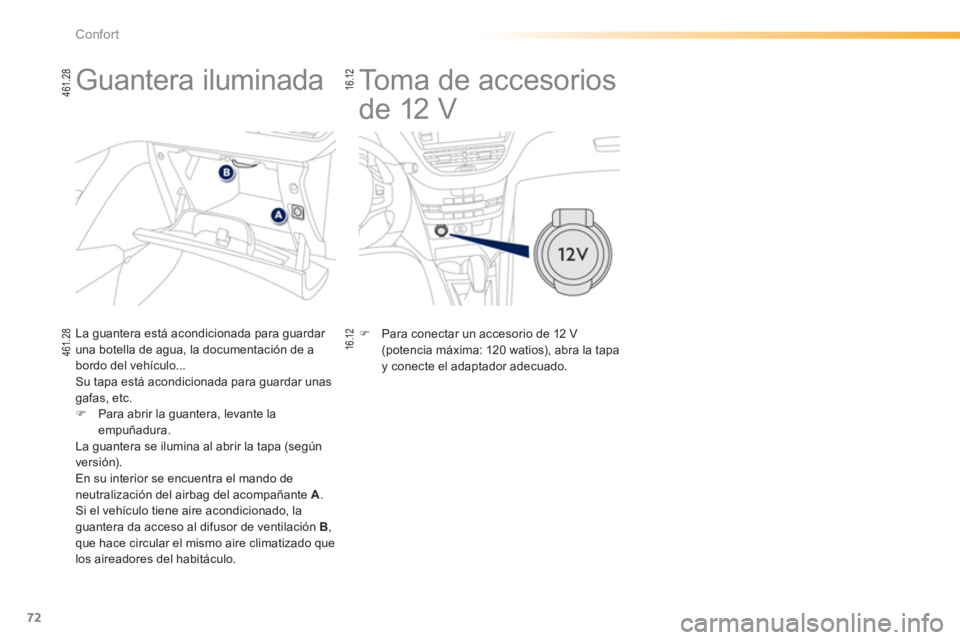 PEUGEOT 2008 2013  Manual del propietario (in Spanish) 72
Confort
   
 
 
 
 
Toma de accesorios 
de 12 V  
 
�) 
 Para conectar un accesorio de 12 V(potencia máxima: 120 watios), abra la tapay conecte el adaptador adecuado.  
 
 
 
 
 
 
 
 
 
 
 
 
Gua