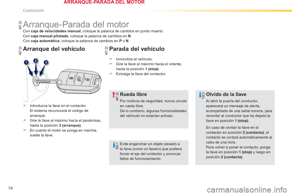 PEUGEOT 2008 2013  Manual del propietario (in Spanish) 78
Conducción
   
 
 
 
 
 
 
 
Arranque-Parada del motor Con  caja de velocidades manual 
, coloque la palanca de cambios en punto muerto.
Con  caja manual pilotada 
, coloque la palanca de cambios 