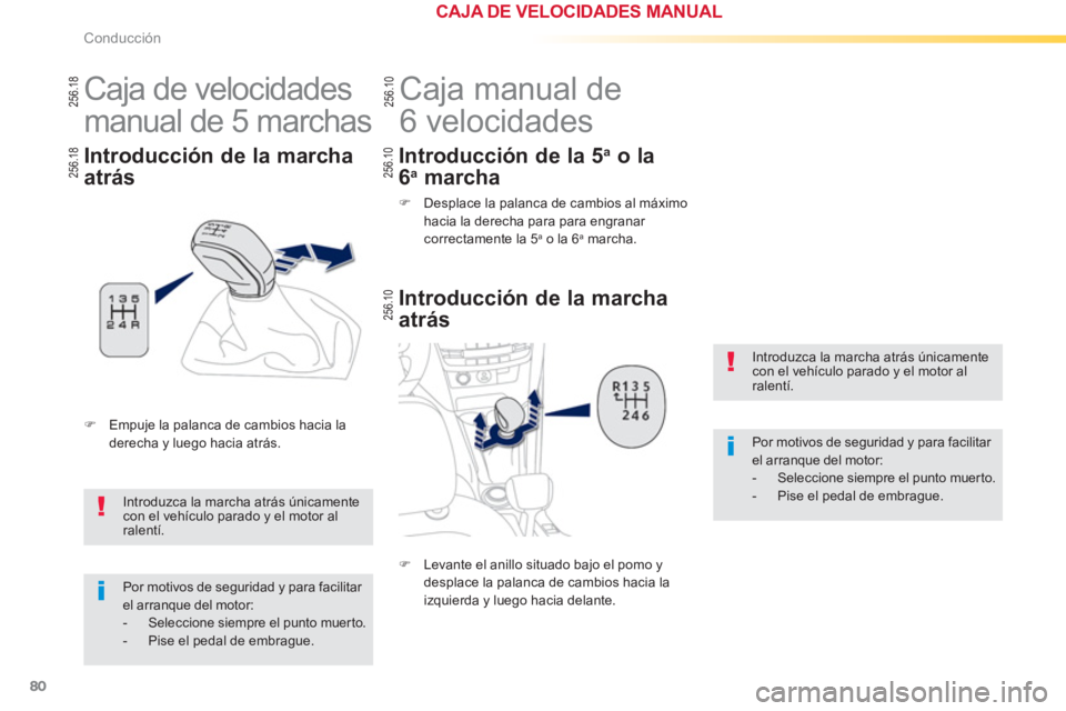 PEUGEOT 2008 2013  Manual del propietario (in Spanish) 80
Conducción
   
 
 
 
 
 
 
 
Caja manual de 
6 velocidades 
   
Introducción de la marcha
atrás
 
Introduzca la marcha atrás únicamentecon el vehículo parado y el motor alralentí. 
 
Por mot
