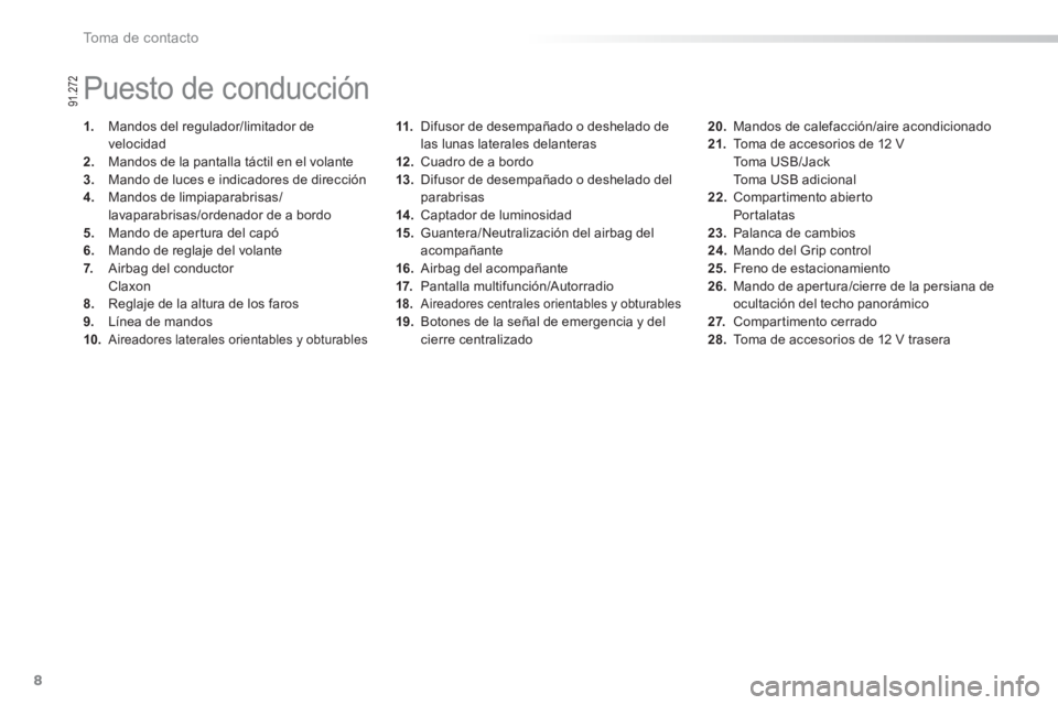 PEUGEOT 2008 2013 Manual del propietario (in Spanish) 8
To m a d e c o n t a c t o
11.Difusor de desempañado o deshelado delas lunas laterales delanteras
12.Cuadro de a bordo
13
. Difusor de desempañado o deshelado del
parabrisas14 . Captador PEUGEOT 2008 2013 Manual del propietario (in Spanish) 8
To m a d e c o n t a c t o
11.Difusor de desempañado o deshelado delas lunas laterales delanteras
12.Cuadro de a bordo
13
. Difusor de desempañado o deshelado del
parabrisas14 . Captador