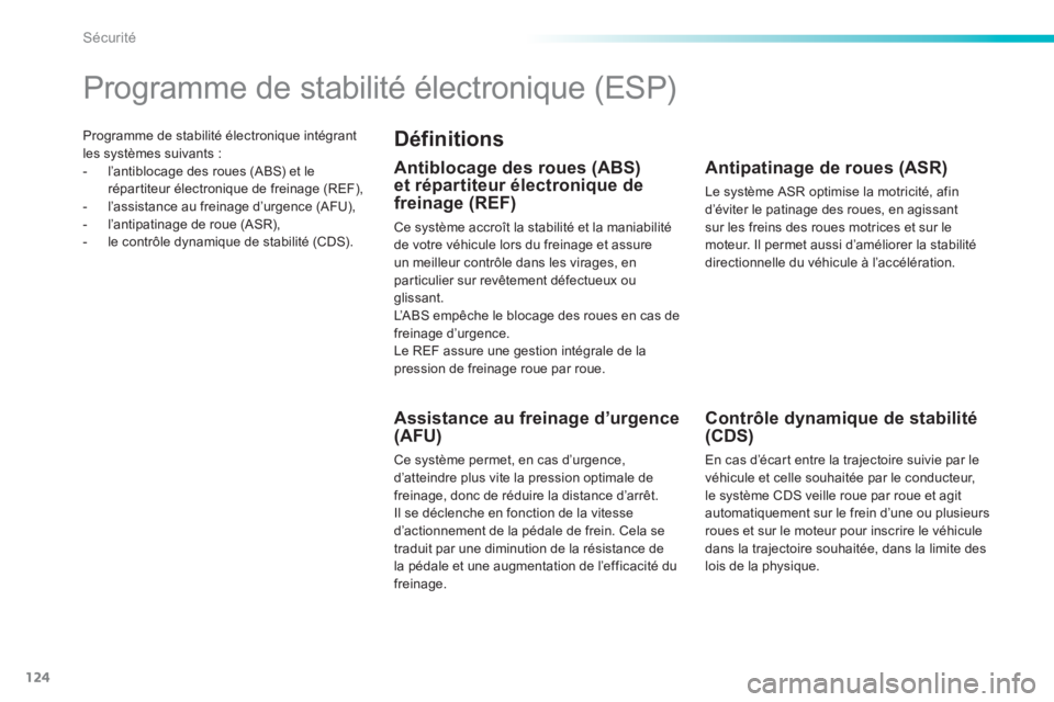 PEUGEOT 2008 2013  Manuel du propriétaire (in French) 124
Sécurité
Programme de stabilité électronique intégrant
les systèmes suivants :
-  l’antiblocage des roues (ABS) et lerépartiteur électronique de freinage (REF), 
-   l’assistance au fr