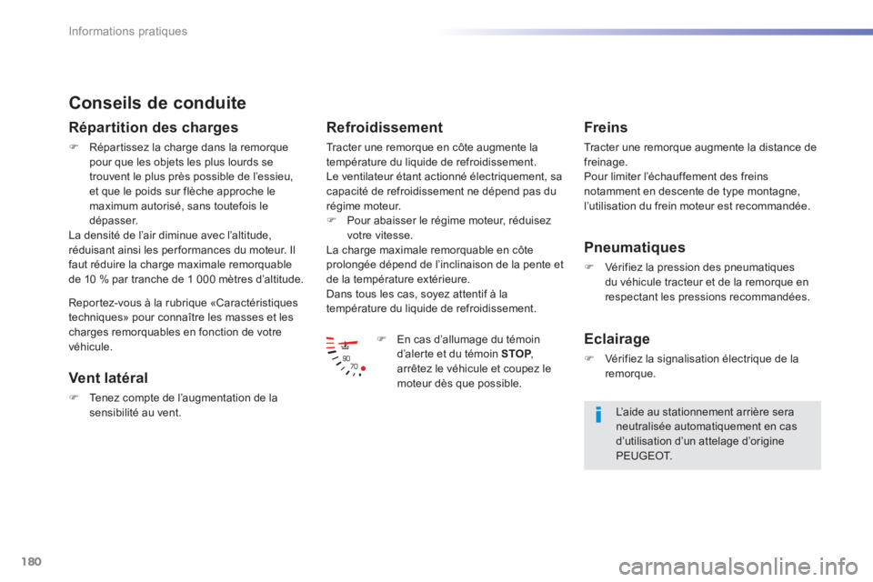 PEUGEOT 2008 2013  Manuel du propriétaire (in French) 180
Informations pratiques
Conseils de conduite 
Répartition des charges 
�)Répartissez la charge dans la remorque pour que les objets les plus lourds se 
trouvent le plus près possible de l’essi