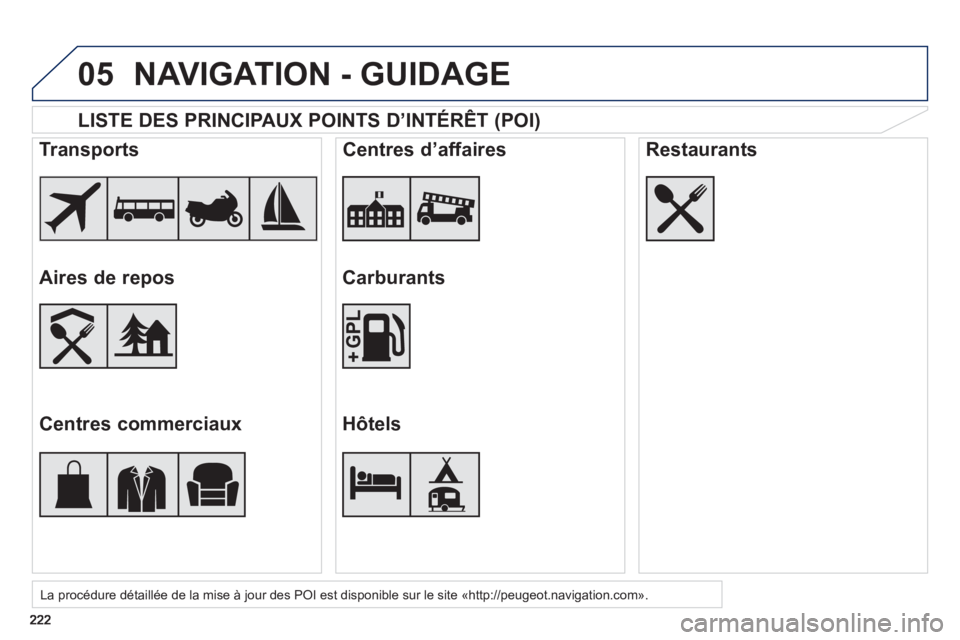 PEUGEOT 2008 2013 Manuel du propriétaire (in French) 05
LISTE DES PRINCIPAUX POINTS D’INTÉRÊT (POI)
La procédure détaillée de la mise à jour des POI est disponible sur le site «http://peugeot.navigation.com».
Transports
Air PEUGEOT 2008 2013 Manuel du propriétaire (in French) 05
LISTE DES PRINCIPAUX POINTS D’INTÉRÊT (POI)
La procédure détaillée de la mise à jour des POI est disponible sur le site «http://peugeot.navigation.com».
Transports
Air