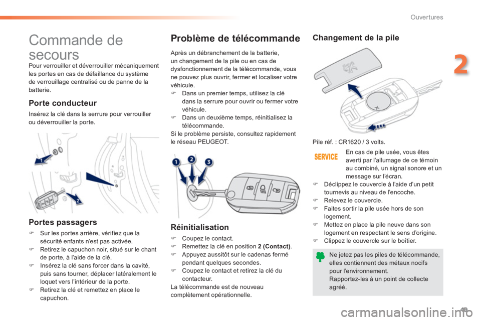 PEUGEOT 2008 2013 Manuel du propriétaire (in French) 49
2
Ouvertures
Commande de
secours
Pour verrouiller et déverrouiller mécaniquement
les por tes en cas de défaillance du système
de verrouillage centralisé ou de panne de la batterie.
PEUGEOT 2008 2013 Manuel du propriétaire (in French) 49
2
Ouvertures
Commande de
secours
Pour verrouiller et déverrouiller mécaniquement
les por tes en cas de défaillance du système
de verrouillage centralisé ou de panne de la batterie.