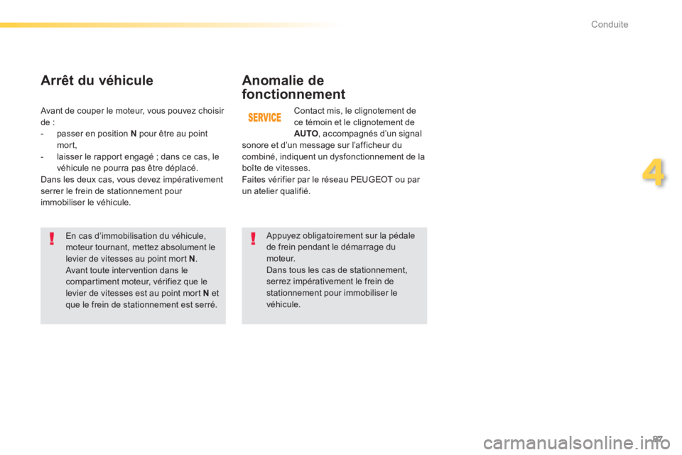 PEUGEOT 2008 2013  Manuel du propriétaire (in French) 87
4
Conduite
Anomalie de
fonctionnement 
   
En cas d’immobilisation du véhicule,moteur tournant, mettez absolument le levier de vitesses au point mort  N 
.  Avant toute intervention dans le comp