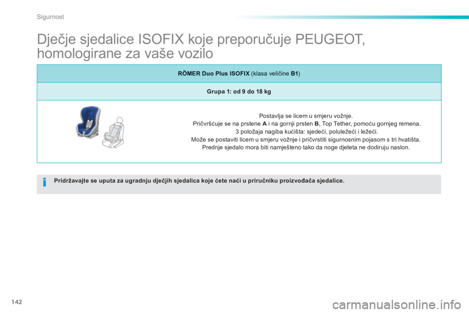 PEUGEOT 2008 2013  Upute Za Rukovanje (in Croatian) 142
Sigurnost
   
 
 
 
 
 
 
 
 
 
Dječje sjedalice ISOFIX koje preporučuje PEUGEOT, 
homologirane za vaše vozilo 
Pridržavajte se uputa za ugradnju dječjih sjedalica koje ćete naći u priručn