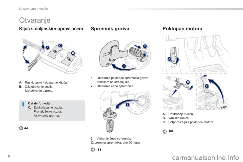 PEUGEOT 2008 2013  Upute Za Rukovanje (in Croatian) 6
Upoznavanje vozila
  Otvaranje 
A. 
 Rasklapanje / sklapanje ključa. 
B .Otključavanje vozila.  
Isključivanje alarma.
Ključ s daljinskim upravljačem 
 
Poklopac motora
188
1.Otvaranje poklopca