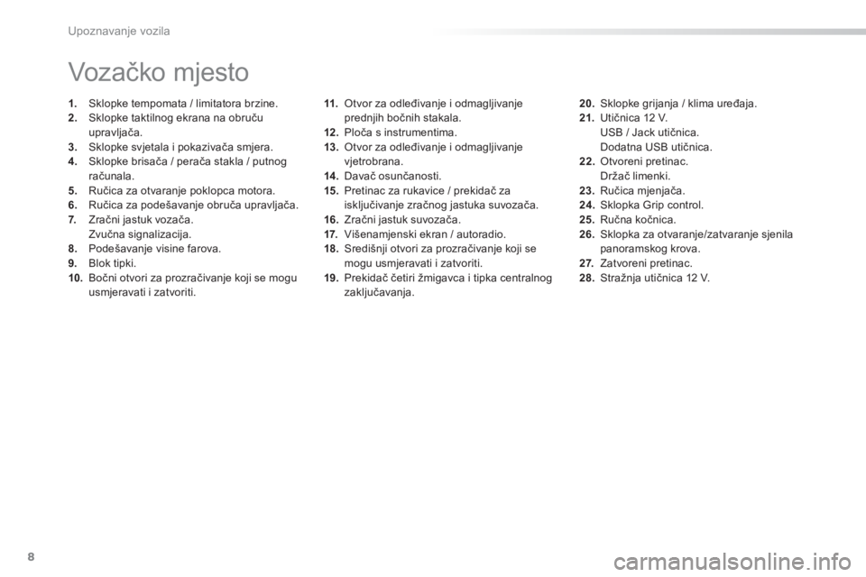 PEUGEOT 2008 2013  Upute Za Rukovanje (in Croatian) 8
Upoznavanje vozila
11.Otvor za odleđivanje i odmagljivanje
prednjih bočnih stakala.
12.Ploča s instrumentima. 
13
.    Otvor za odleđivanje i odmagljivanje
vjetrobrana.14 .   Davač osunčanosti