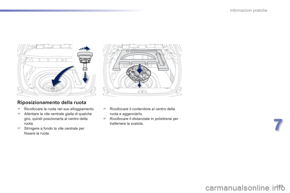 PEUGEOT 2008 2013  Manuale duso (in Italian) 153
7
Informazioni pratiche
   Riposizionamento della ruota
�) 
 Ricollocare il contenitore al centro della ruota e agganciarlo. �) 
  Ricollocare il distanziale in polistirene per 
trattenere la scat