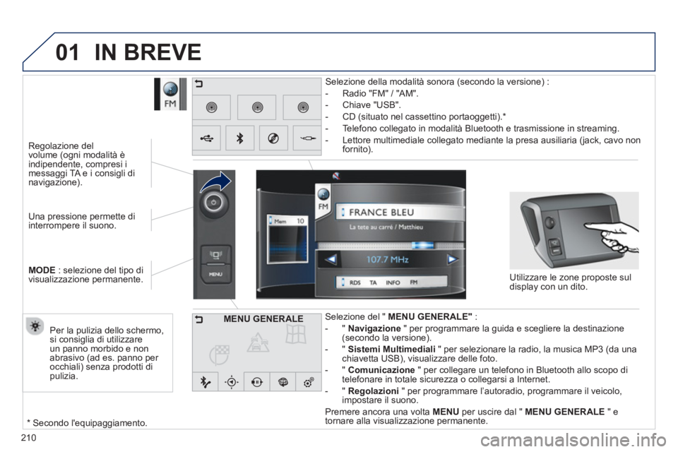 PEUGEOT 2008 2013  Manuale duso (in Italian) 01
210
   
Una pressione permette di 
interrompere il suono.  
MOD
E: selezione del tipo di
visualizzazione permanente.    
 
Regolazione del
volume 
(ogni modalità è
indipendente, compresi i 
messa