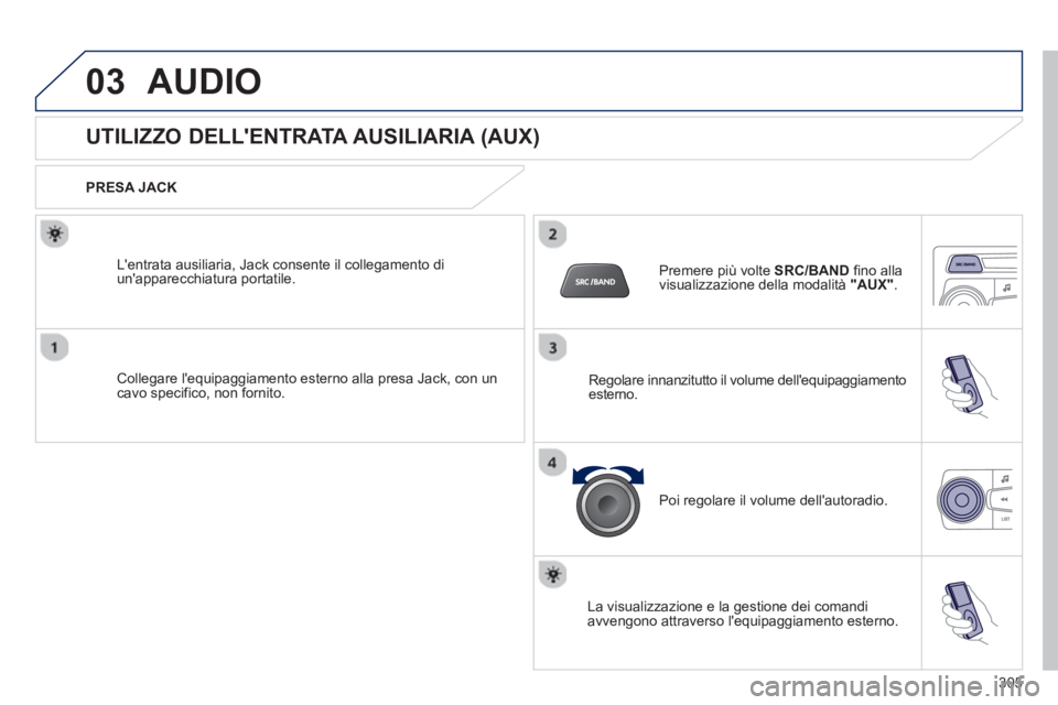 PEUGEOT 2008 2013 Manuale duso (in Italian) 03AUDIO
UTILIZZO DELLENTRATA AUSILIARIA (AUX)
PRESA JACK
Collegare lequipaggiamento esterno alla presa Jack, con uncavo specifico, non fornito. Lentrata ausiliaria PEUGEOT 2008 2013 Manuale duso (in Italian) 03AUDIO
UTILIZZO DELLENTRATA AUSILIARIA (AUX)
PRESA JACK
Collegare lequipaggiamento esterno alla presa Jack, con uncavo specifico, non fornito. Lentrata ausiliaria