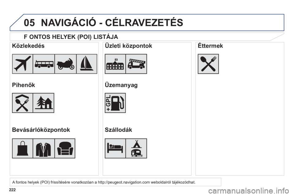 PEUGEOT 2008 2013  Kezelési útmutató (in Hungarian) 05
   
 
F   ONTOS HELYEK (POI) LISTÁJA  
 
A fontos helyek (POI) frissítésére vonatkozóan a http://peugeot.navigation.com weboldalról tájékozódhat.  
 
 
 
Közlekedés  
   
Pihenők  
   
