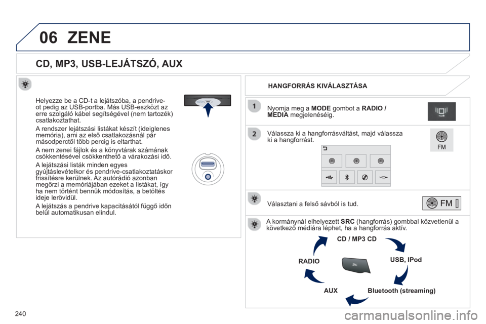 PEUGEOT 2008 2013  Kezelési útmutató (in Hungarian) 06
240
   
 
 
 
 
 
 
 
 
 
 
 
 
 
CD, MP3, USB-LEJÁTSZÓ, AUX 
 
 
Helyezze be a CD-t a lejátszóba, a pendrive-ot pedig az USB-portba. Más USB-eszközt azerre szolgáló kábel segítségével 