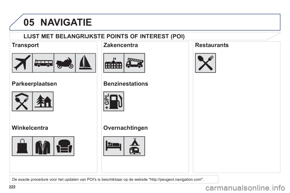 PEUGEOT 2008 2013 Instructieboekje (in Dutch) 05
LIJST MET BELANGRIJKSTE POINTS OF INTEREST (POI)
De exacte procedure voor het updaten van POIs is beschikbaar op de website "http://peugeot.navigation.com".
Transport
Parkeerplaats PEUGEOT 2008 2013 Instructieboekje (in Dutch) 05
LIJST MET BELANGRIJKSTE POINTS OF INTEREST (POI)
De exacte procedure voor het updaten van POIs is beschikbaar op de website "http://peugeot.navigation.com".
Transport
Parkeerplaats