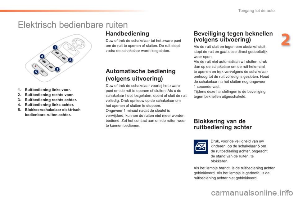 PEUGEOT 2008 2013 Instructieboekje (in Dutch) 53
2
Toegang tot de auto
Elektrisch bedienbare ruiten
1.Ruitbediening links voor.2.Ruitbediening rechts voor.3.Ruitbediening rechts achter.4.Ruitbediening links achter.5.Blokkeerschak PEUGEOT 2008 2013 Instructieboekje (in Dutch) 53
2
Toegang tot de auto
Elektrisch bedienbare ruiten
1.Ruitbediening links voor.2.Ruitbediening rechts voor.3.Ruitbediening rechts achter.4.Ruitbediening links achter.5.Blokkeerschak