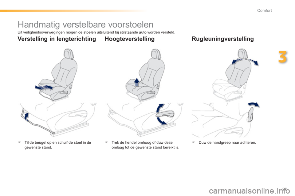 PEUGEOT 2008 2013  Instructieboekje (in Dutch) 57
3
Comfort
   
 
 
 
 
 
 
 
Handmatig verstelbare voorstoelen  
�)Til de beugel op en schuif de stoel in degewenste stand.�) 
  Trek de hendel omhoog of duw deze
omlaag tot de gewenste stand bereik