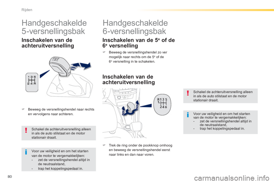 PEUGEOT 2008 2013  Instructieboekje (in Dutch) 80
Rijden
   
 
 
 
 
 
Handgeschakelde 
6-versnellingsbak 
   
Inschakelen van de 
achteruitversnelling 
 
Schakel de achteruitversnelling alleenin als de auto stilstaat en de motor stationair draait