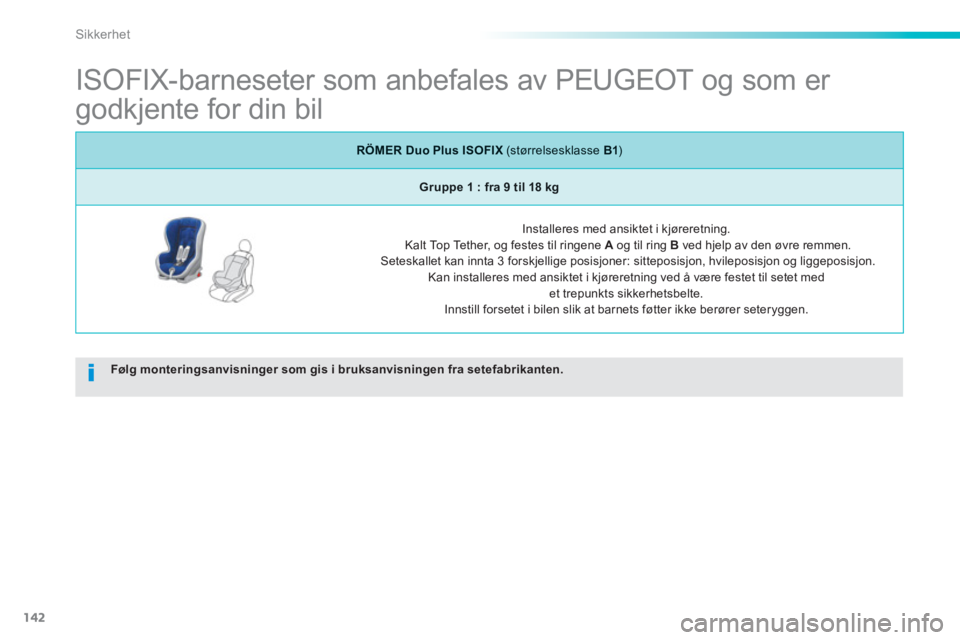 PEUGEOT 2008 2013 Instruksjoner for bruk (in Norwegian) 142
Sikkerhet
ISOFIX-barneseter som anbefales av PEUGEOT og som er
godkjente for din bil
Følg monteringsanvisninger som gis i bruksanvisningen fra setefabrikanten.
RÖMER DuoP PEUGEOT 2008 2013 Instruksjoner for bruk (in Norwegian) 142
Sikkerhet
ISOFIX-barneseter som anbefales av PEUGEOT og som er
godkjente for din bil
Følg monteringsanvisninger som gis i bruksanvisningen fra setefabrikanten.
RÖMER DuoP