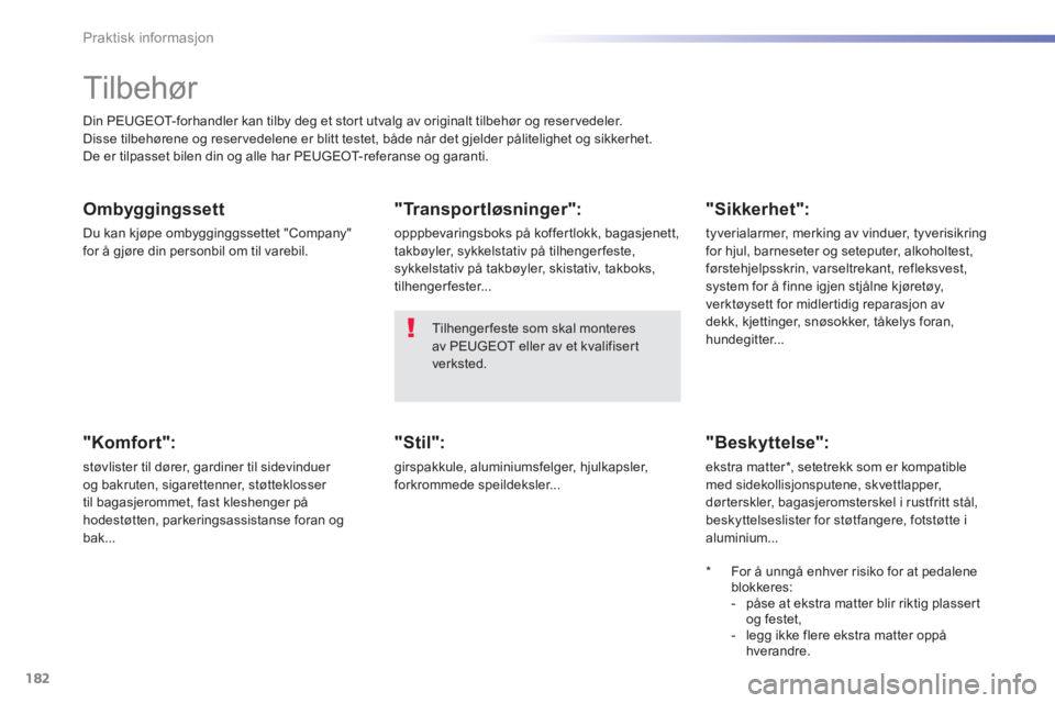 PEUGEOT 2008 2013  Instruksjoner for bruk (in Norwegian) 182
Praktisk informasjon
   
 
 
 
Tilbehør 
Din PEUGEOT-forhandler kan tilby deg et stort utvalg av originalt tilbehør og reservedeler. 
Disse tilbehørene og reser vedelene er blitt testet, både 