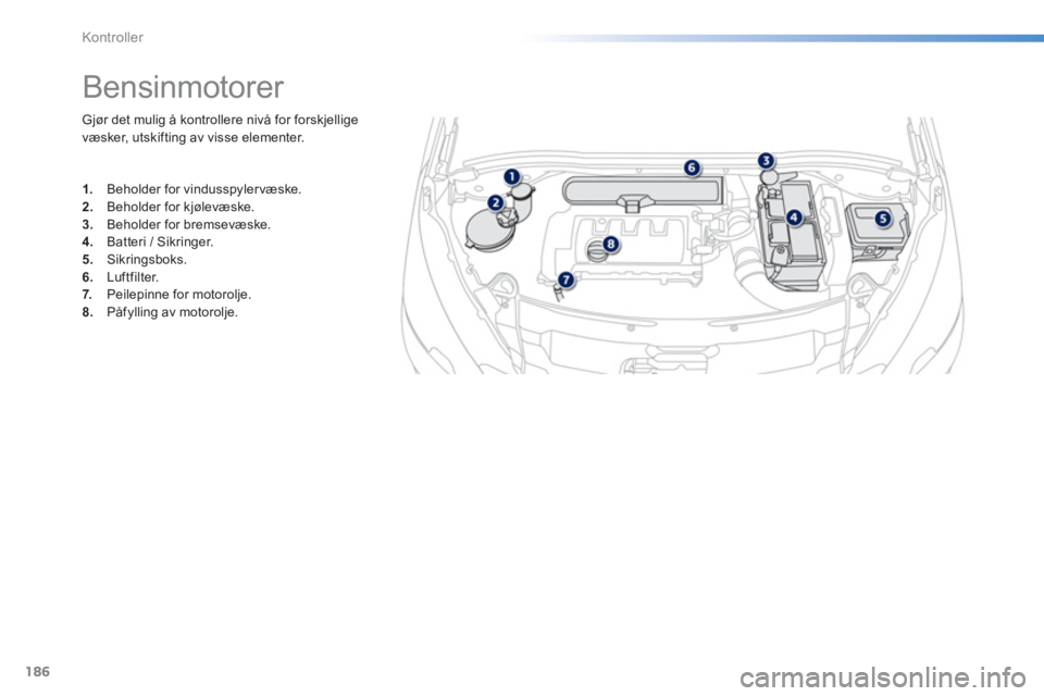 PEUGEOT 2008 2013  Instruksjoner for bruk (in Norwegian) 186
Kontroller
Gjør det mulig å kontrollere nivå for forskjellige 
væsker, utskifting av visse elementer.
   
 
 
 
 
 
 
 
 
 
 
 
 
 
Bensinmotorer 
1. 
 Beholder for vindusspylervæske.2. 
 Beh