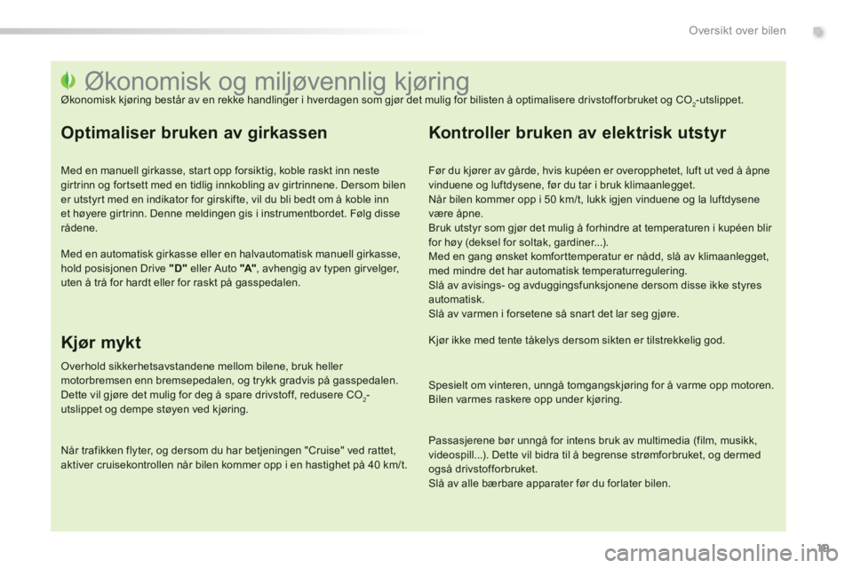 PEUGEOT 2008 2013  Instruksjoner for bruk (in Norwegian) .
19
Oversikt over bilen
   
 
 
 
 
 
 
 
 
 
 
 
 
 
 
 
 
 
 
 
 
 
 
 
 
 
 
 
 
 
 
 
 
 
 
 
 
 
 
 
 
 
 
 
 
 
 
Økonomisk og miljøvennlig kjøring  
Økonomisk kjøring består av en rekke 