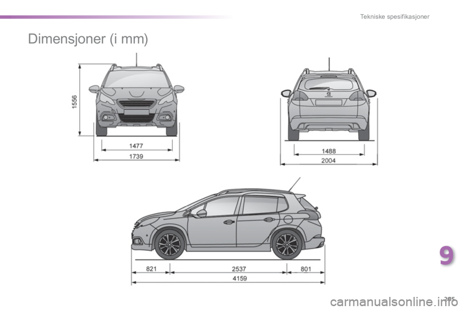 PEUGEOT 2008 2013 Instruksjoner for bruk (in Norwegian) 9
205
Tekniske spesifikasjoner
Dimensjoner (i mm) PEUGEOT 2008 2013 Instruksjoner for bruk (in Norwegian) 9
205
Tekniske spesifikasjoner
Dimensjoner (i mm)