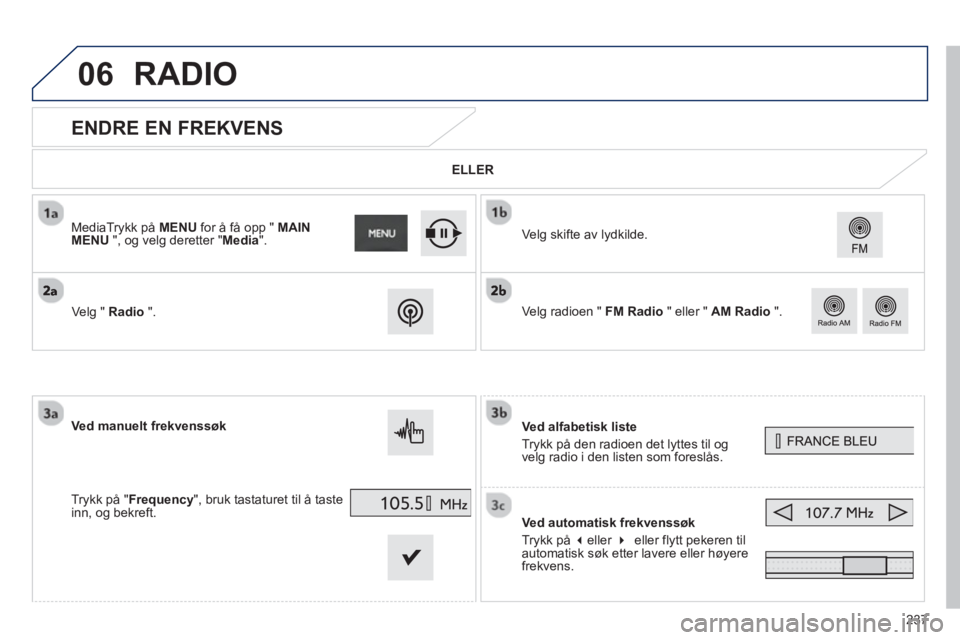 PEUGEOT 2008 2013  Instruksjoner for bruk (in Norwegian) 06
237
   
 
 
 
 
 
 
 
 
 
 
ENDRE EN FREKVENS 
Ved alfabetisk liste
Tr
ykk på den radioen det lyttes til og 
velg radio i den listen som foreslås.  
Ved automatisk frekvenssøk 
Tr
ykk på  � el
