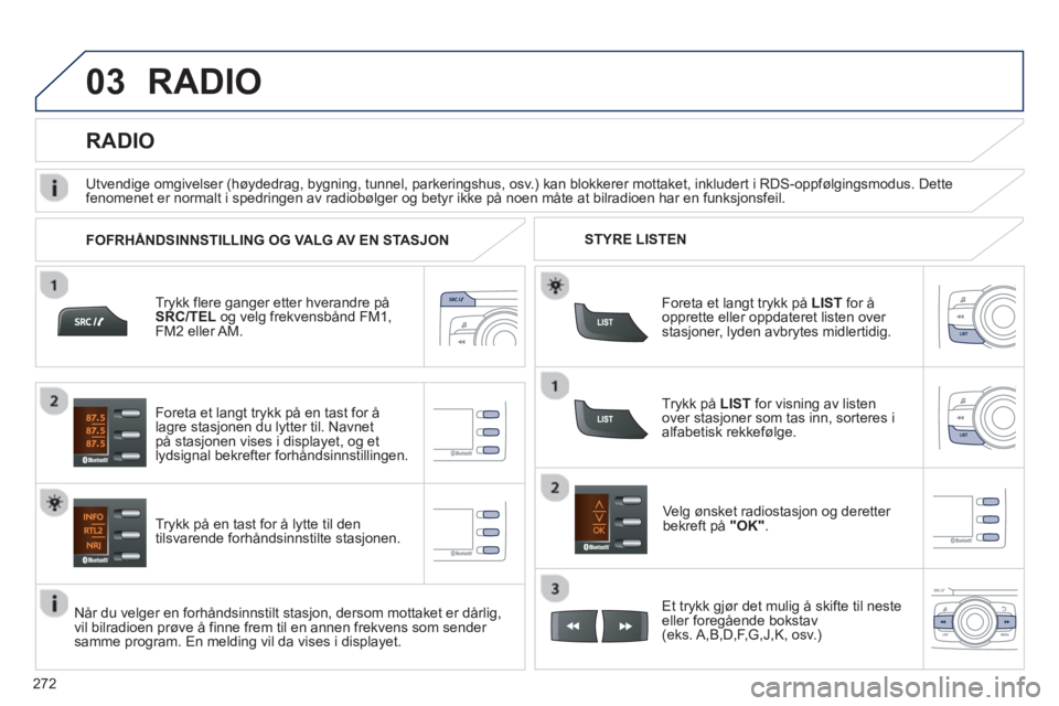 PEUGEOT 2008 2013 Instruksjoner for bruk (in Norwegian) 03
272
RADIO
Trykk flere ganger etter hverandre på
SRC/TEL og velg frekvensbånd FM1,FM2 eller AM.
Tr
ykk på en tast for å lytte til den
tilsvarende forhåndsinnstilte stasjonen.
Ve l
g ønsk PEUGEOT 2008 2013 Instruksjoner for bruk (in Norwegian) 03
272
RADIO
Trykk flere ganger etter hverandre på
SRC/TEL og velg frekvensbånd FM1,FM2 eller AM.
Tr
ykk på en tast for å lytte til den
tilsvarende forhåndsinnstilte stasjonen.
Ve l
g ønsk