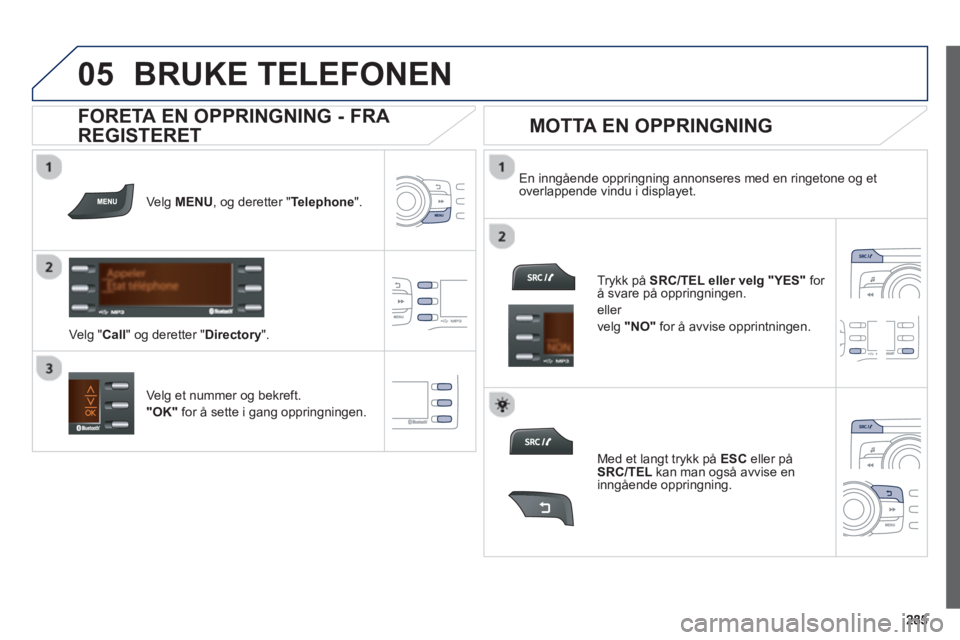 PEUGEOT 2008 2013 Instruksjoner for bruk (in Norwegian)
05BRUKE TELEFONEN
Ve lg MENU, og deretter "Telephone" .
Ve l
g "Call" og deretter "Directory". En inn
gående oppringning annonseres med en ringetone og et
overlappende vindu i displayet. PEUGEOT 2008 2013 Instruksjoner for bruk (in Norwegian)
05BRUKE TELEFONEN
Ve lg MENU, og deretter "Telephone" .
Ve l
g "Call" og deretter "Directory". En inn
gående oppringning annonseres med en ringetone og et
overlappende vindu i displayet.