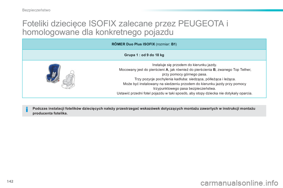PEUGEOT 2008 2013  Instrukcja obsługi (in Polish) 142
Bezpieczeństwo
 
 
 
 
 
 
 
 
 
 
 
Foteliki dziecięce ISOFIX zalecane przez PEUGEOTA i 
homologowane dla konkretnego pojazdu 
Podczas instalacji fotelików dziecięcych należy przestrzegać w