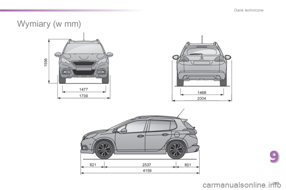 PEUGEOT 2008 2013  Instrukcja obsługi (in Polish) 9
205
Dane techniczne
   
 
 
 
 
Wymiary (w mm)  