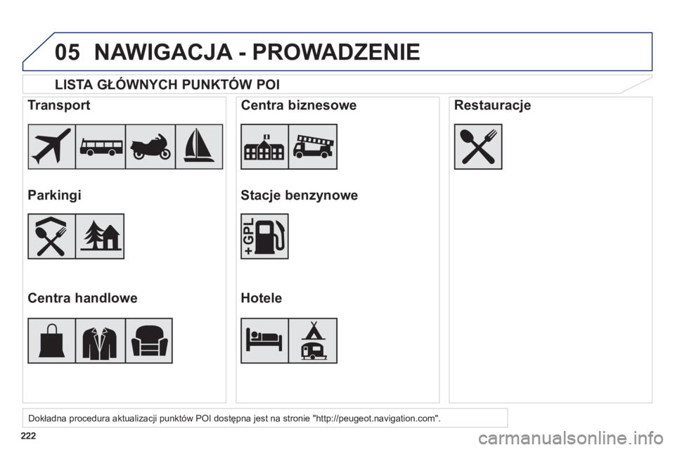 PEUGEOT 2008 2013  Instrukcja obsługi (in Polish) 05
   
LISTA GŁÓWNYCH PUNKTÓW POI  
Dokładna procedura aktualizacji punktów POI dostępna jest na stronie "http://peugeot.navigation.com".
 
 
Transport  
   
Parkingi  
   
Centra handlowe     
