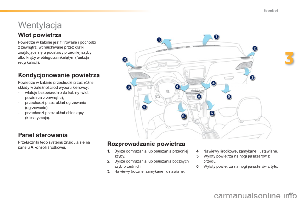 PEUGEOT 2008 2013  Instrukcja obsługi (in Polish) 63
3
Komfor t
   
 
 
 
 
 
 
 
Wentylacja 
 
 
Kondycjonowanie powietrza 
 
Powietrze w kabinie przechodzi przez różne 
układy w zależności od wyboru kierowcy: 
   
 
-  wlatuje bezpośrednio do