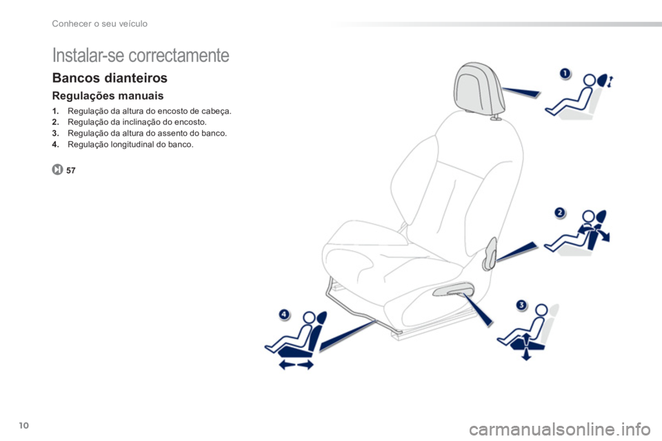 PEUGEOT 2008 2013 Manual de utilização (in Portuguese) 10
Conhecer o seu veículo
Instalar-se correctamente
Bancos dianteiros
57
Regulações manuais
1.
Regulação da altura do encosto de cabeça. 2.
Regulação da inclinação do encosto. 3.Re PEUGEOT 2008 2013 Manual de utilização (in Portuguese) 10
Conhecer o seu veículo
Instalar-se correctamente
Bancos dianteiros
57
Regulações manuais
1.
Regulação da altura do encosto de cabeça. 2.
Regulação da inclinação do encosto. 3.Re