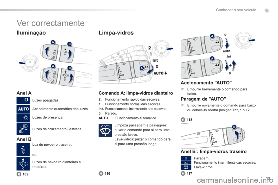 PEUGEOT 2008 2013 Manual de utilização (in Portuguese) .
13
Conhecer o seu veículo
Ver correctamente
Iluminação
Anel A
Anel B
Limpa-vidros
109
Comando A: limpa-vidros dianteiro
2.Funcionamento rápido das escovas. 1.Funcionamento normal PEUGEOT 2008 2013 Manual de utilização (in Portuguese) .
13
Conhecer o seu veículo
Ver correctamente
Iluminação
Anel A
Anel B
Limpa-vidros
109
Comando A: limpa-vidros dianteiro
2.Funcionamento rápido das escovas. 1.Funcionamento normal