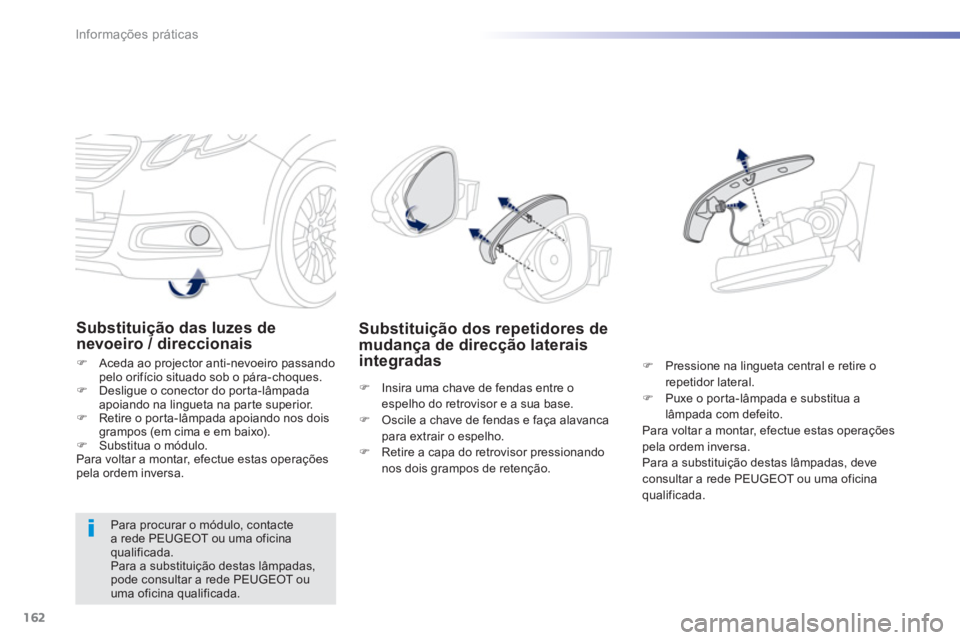 PEUGEOT 2008 2013  Manual de utilização (in Portuguese) 162
Informações práticas
Substituição das luzes de
nevoeiro / direccionais 
�)   Aceda ao projector anti-nevoeiro passandopelo orifício situado sob o pára-choques.�) 
 Desligue o conector do po