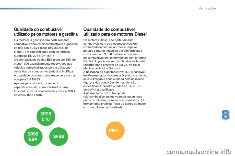 PEUGEOT 2008 2013  Manual de utilização (in Portuguese) 191
8
Ver if ic aç ões
Qualidade do combustível 
utilizado pelos motores a gasolina
   
Os motores a gasolina são per feitamente compatíveis com os biocombustíveis a gasolina
do tipo E10 ou E24 