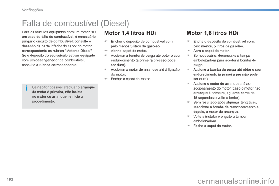 PEUGEOT 2008 2013  Manual de utilização (in Portuguese) 192
Ver if ic aç ões
Para os veículos equipados com um motor HDi,em caso de falta de combustível, é necessáriopurgar o circuito de combustível; consulte o 
desenho da par te inferior do capot d