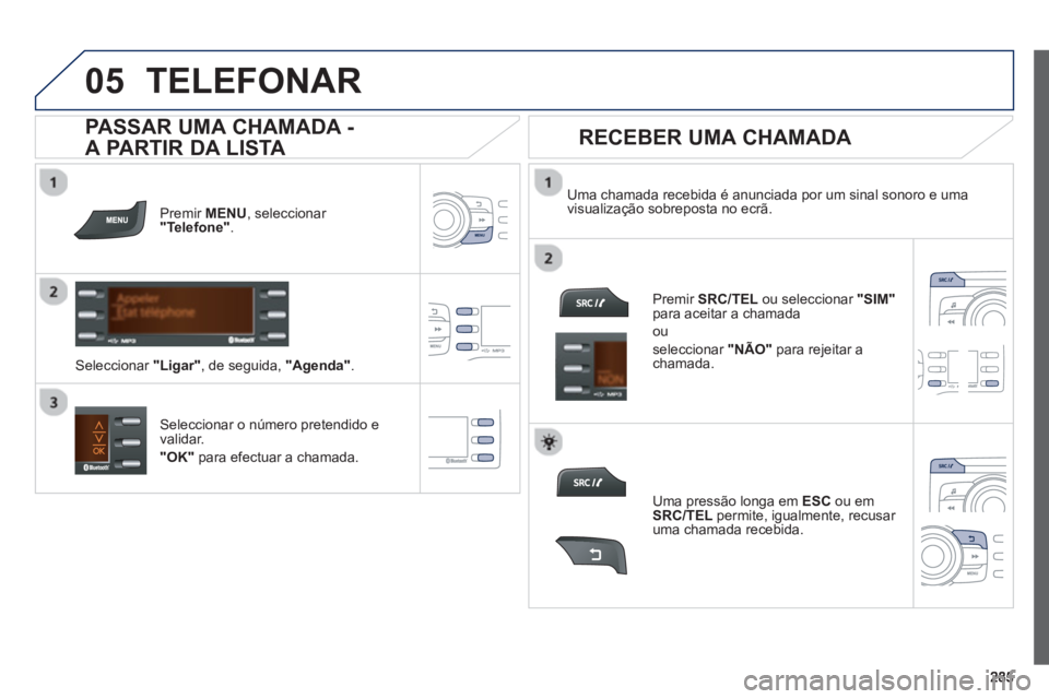 PEUGEOT 2008 2013 Manual de utilização (in Portuguese)
05TELEFONAR
Premir MENU , seleccionar "Telefone".
Seleccionar "Ligar"
, de seguida, "Agenda" .
Uma chamada recebida é anunciada por um sinal sonoro e uma
v
isualização sobreposta no ecrã PEUGEOT 2008 2013 Manual de utilização (in Portuguese)
05TELEFONAR
Premir MENU , seleccionar "Telefone".
Seleccionar "Ligar"
, de seguida, "Agenda" .
Uma chamada recebida é anunciada por um sinal sonoro e uma
v
isualização sobreposta no ecrã