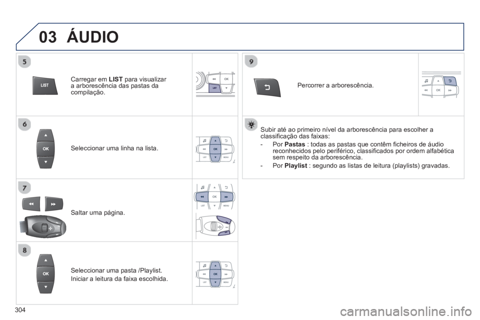 PEUGEOT 2008 2013 Manual de utilização (in Portuguese) 03
Seleccionar uma linha na lista.
Saltar uma pá
gina.
P
ercorrer a arborescência.
Seleccionar uma pasta /Playlist.
Ini
ciar a leitura da faixa escolhida.
ÁUDIO
Subir até ao primeiro níve PEUGEOT 2008 2013 Manual de utilização (in Portuguese) 03
Seleccionar uma linha na lista.
Saltar uma pá
gina.
P
ercorrer a arborescência.
Seleccionar uma pasta /Playlist.
Ini
ciar a leitura da faixa escolhida.
ÁUDIO
Subir até ao primeiro níve
