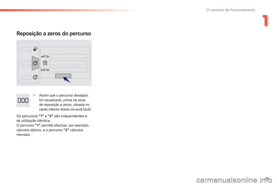 PEUGEOT 2008 2013  Manual de utilização (in Portuguese) 1
41
O controlo de funcionamento
   
Reposição a zeros do percurso 
�) 
  Assim que o percurso desejado
for visualizado, prima na zona
de reposição a zeros, situada no
canto inferior direito do ec