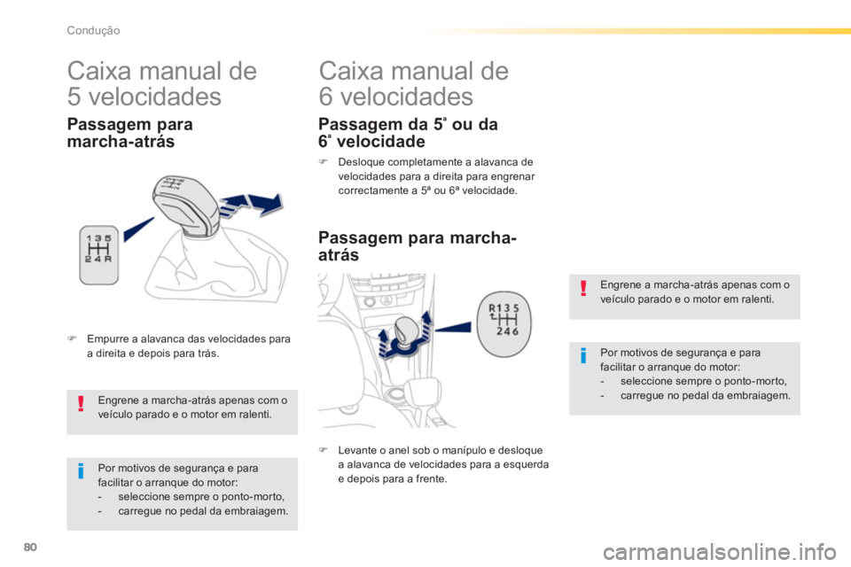 PEUGEOT 2008 2013  Manual de utilização (in Portuguese) 80
Condução
   
 
 
 
 
 
 
 
Caixa manual de 
6 velocidades 
   
Passagem para marcha-
atrás
 
Engrene a marcha-atrás apenas com oveículo parado e o motor em ralenti. 
 Por motivos de segurança
