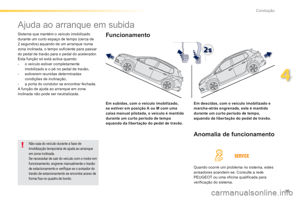 PEUGEOT 2008 2013  Manual de utilização (in Portuguese) 95
4
Condução
   
 
 
 
 
Ajuda ao arranque em subida 
 
Sistema que mantém o veículo imobilizado
durante um curto espaço de tempo (cerca de 
2 se
gundos) aquando de um arranque numa 
zona inclin